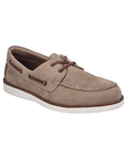 Beige boat shoe with brown lacing, accent stitching and white outsole.