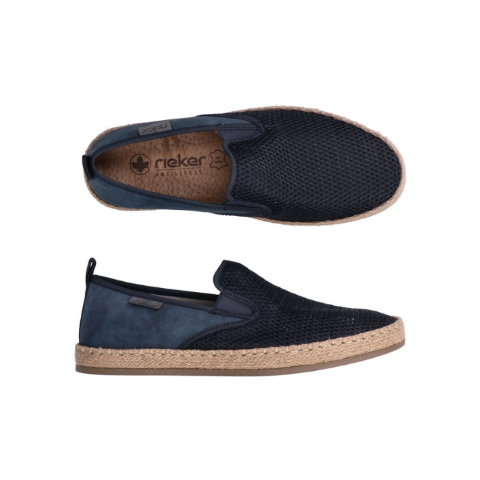 Pair of Navy loafers with mesh upper, tan Rieker logo'd footbed, jute wrap midsole and beige outsole.