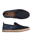 Pair of Navy loafers with mesh upper, tan Rieker logo'd footbed, jute wrap midsole and beige outsole.
