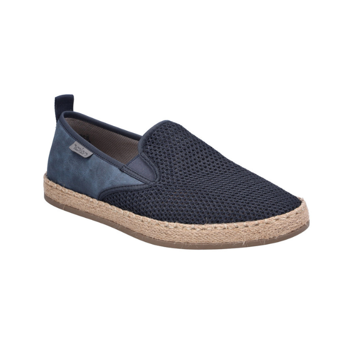Navy loafer with mesh upper, jute wrap midsole and beige outsole.