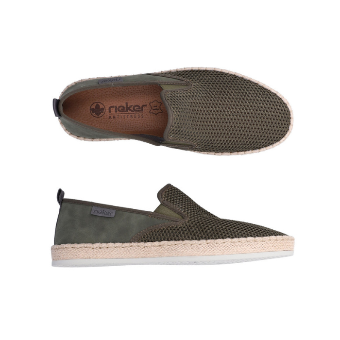 Pair of Dark Green loafers with mesh upper, tan Rieker logo'd footbed, jute wrap midsole and beige outsole.