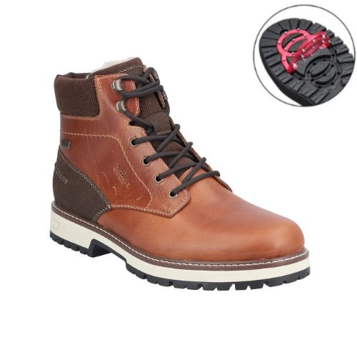 Brown leather boot with brown laces, dark brown accents and a close-up of the flip-grip outsole.