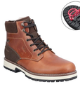 Brown leather boot with brown laces, dark brown accents and a close-up of the flip-grip outsole.