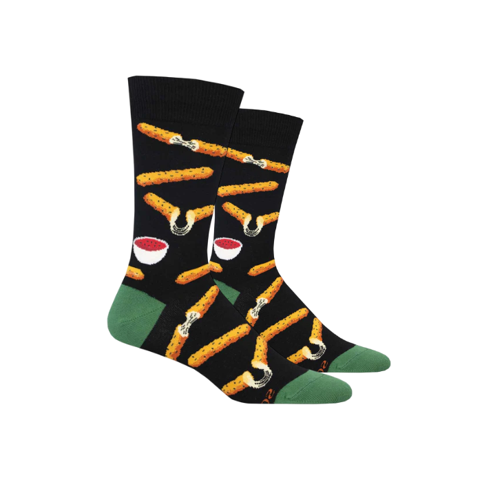 Black socks with Mozzarella sticks and marinara sauce pattern.