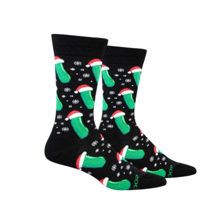 Black crew socks with pickles in Santa hats and snow flake.