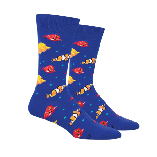 Blue socks with colorful fish pattern.