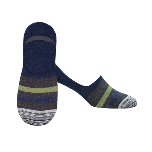 Grey sock liners with pale green and navy blue sailor stripes on toe.