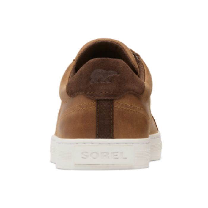 Brown leather heel of causal sneaker with white outsole.