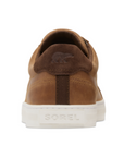 Brown leather heel of causal sneaker with white outsole.