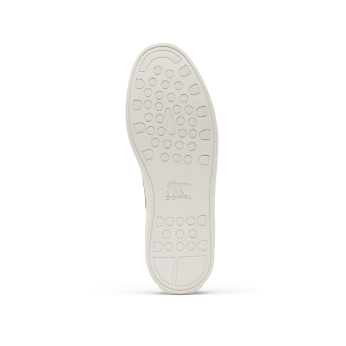 White light treaded outsole with circle design and Sorel logo in middle.