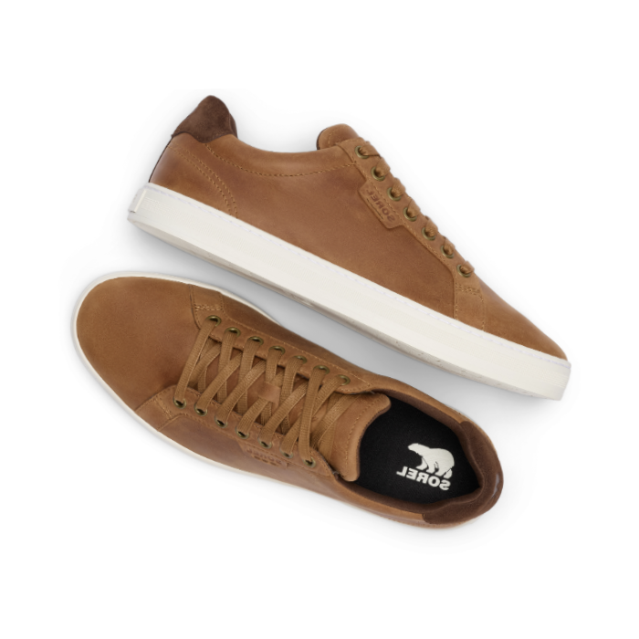 Pair of Brown leather casual sneakers with black Sorel logo'd footbed and white outsole.