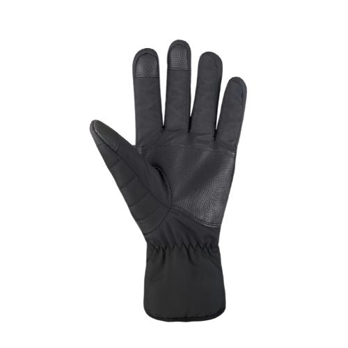 Palm of black nylon glove with 3 finger touch screen pads and zig zag stitching at cuff.