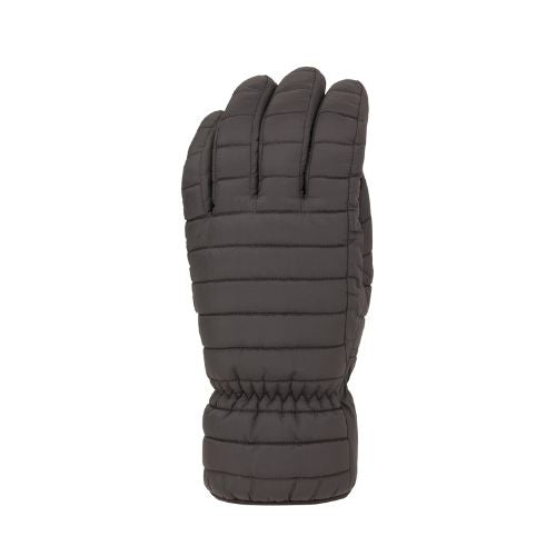 Black nylon glove with stitched line details and zig zag stitching at cuff.