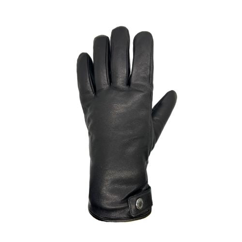 Black smooth leather men's glove with silver buckle at cuff.