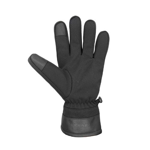 Palm of polyester gloves with touch screen pads on two fingers, cinching at cuff and buckle on side.