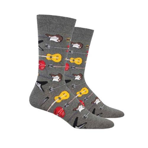 Grey crew socks with colorful electric and acoustic guitars pattern.