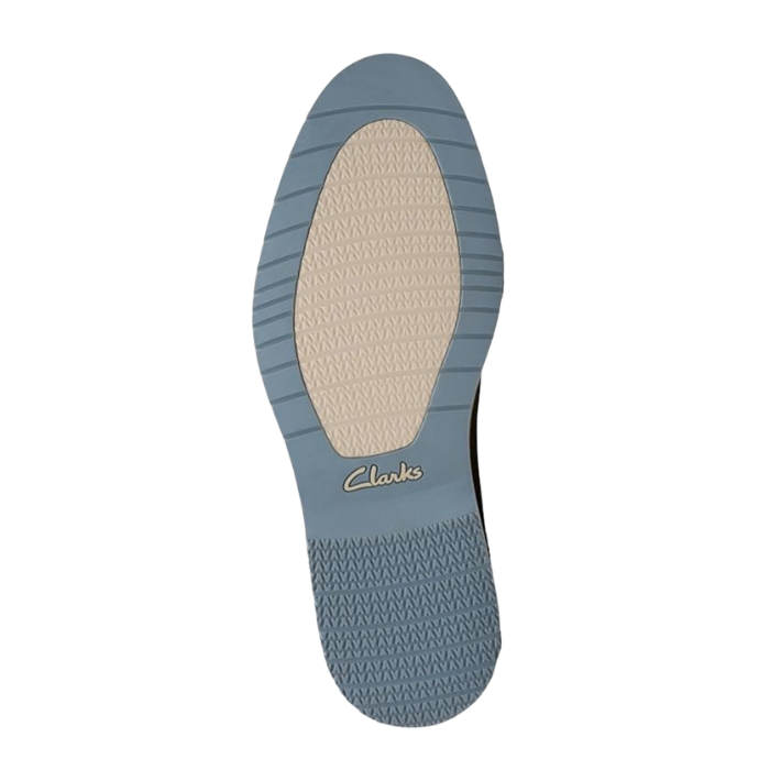 Blue outsole with white tread centrer and Clarks logo in middle.
