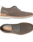 Pair of Soft grey semi-dress knita shoe with blue accent laces, blue heel cap, tan and blue suede Clark's logo'd footbed, white midsole and blue outsole.