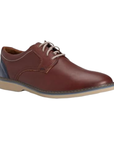 Brown leather derby dress shoe with navy heel accent, beige laces and beige outsole.