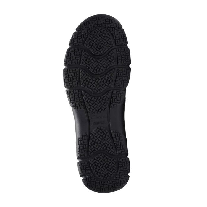 Black treaded outsole with Clark's logo in middle.