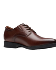 Brown Mahogany leather derby dress shoe with stitching details and low heel. 