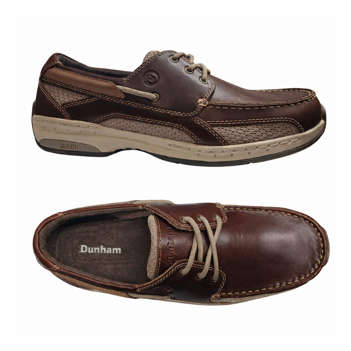 Pair of Brown leather boat shoes with beige laces, light mesh panels, Dunham logo'd footbed, beige midsole and brown outsole.
