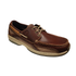 Brown leather boat shoe with beige laces, light mesh panels, beige midsole and brown outsole.
