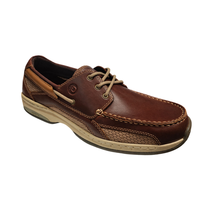 Brown leather boat shoe with beige laces, light mesh panels, beige midsole and brown outsole.