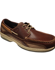 Brown leather boat shoe with beige laces, light mesh panels, beige midsole and brown outsole.