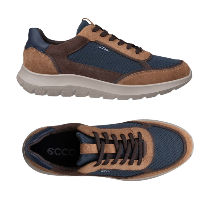 A pair of low-top casual sneakers with navy blue mesh, tan suede, dark brown panels, black ecco logo'd footbed and a light grey outsole.