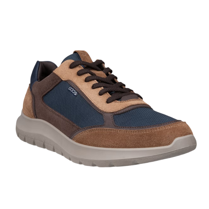 A low-top casual sneaker with navy blue mesh, tan suede, dark brown panels, and a light grey outsole.