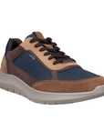 A low-top casual sneaker with navy blue mesh, tan suede, dark brown panels, and a light grey outsole.