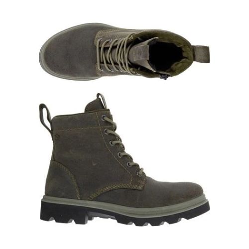 Pair of brown full-grain leather combat boots with an adjustable lace closure, side zipper and a rugged black rubber outsole.