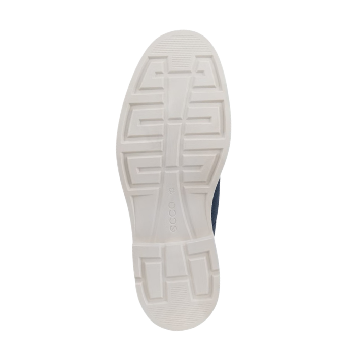 White outsole with geometric tread pattern and Ecco logo stamped in middle.