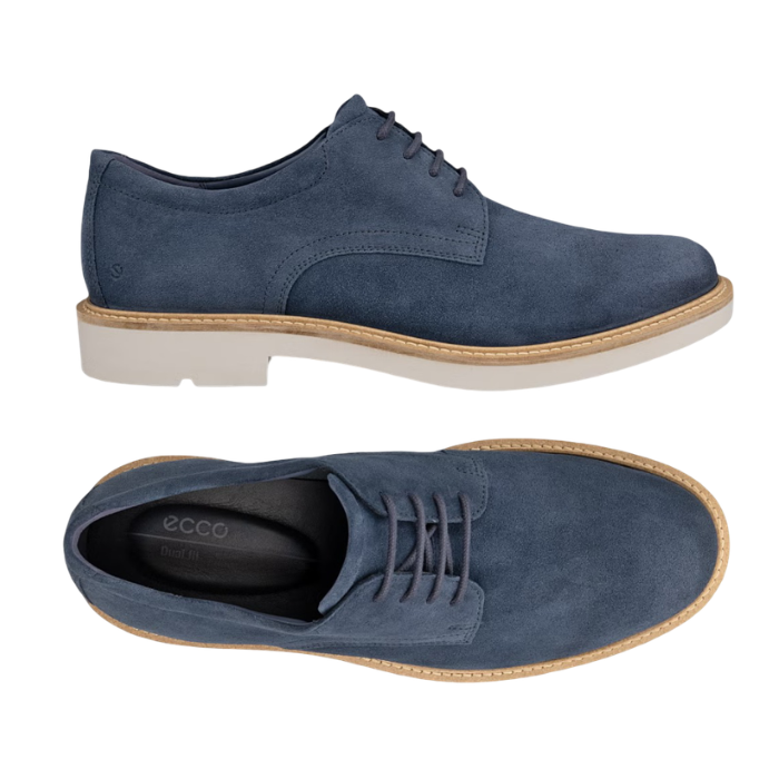 Pair of Blue suede dress derby shoes with black Ecco logo'd footbed, brown wrap and off-white.