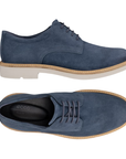 Pair of Blue suede dress derby shoes with black Ecco logo'd footbed, brown wrap and off-white.