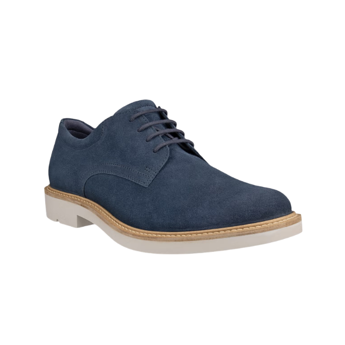 Blue suede dress derby shoe with brown wrap and off-white.