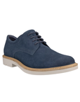Blue suede dress derby shoe with brown wrap and off-white.