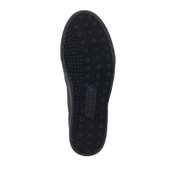 A black outsole with a textured grip pattern and the embossed ECCO logo in middle.