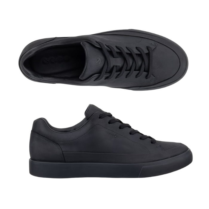Pair of A low-top casual sneakers with a black matte finish, black laces, and a black outsole.