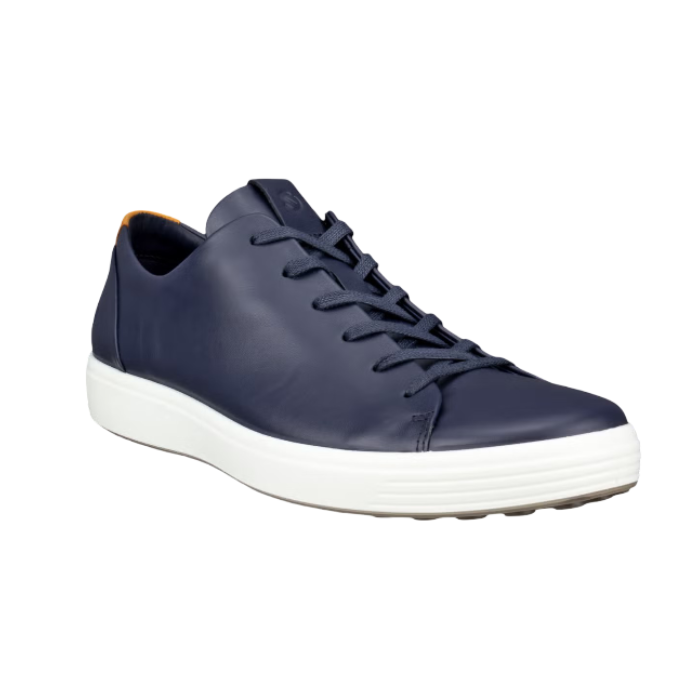 Navy blue sneaker with navy laces, white midsole and beige outsole.