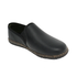 Black leather slipper with side goring and a brown and black marbled rubber outsole.