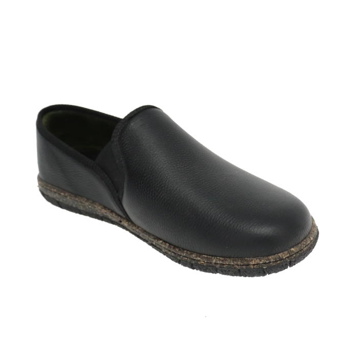 Black leather slipper with side goring and a brown and black marbled rubber outsole.