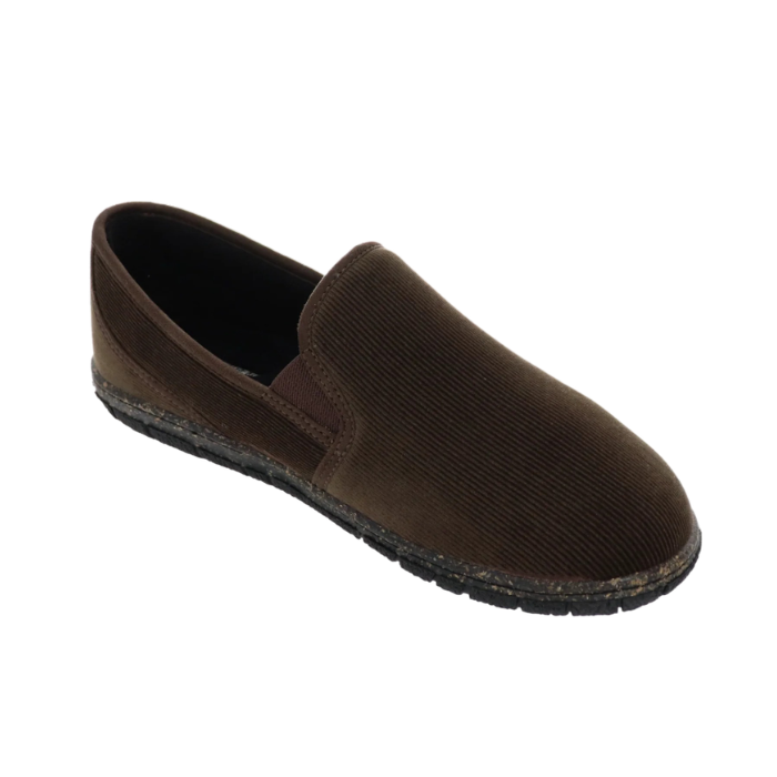 Brown slip-on slipper with a corduroy upper and a textured black and brown rubber outsole. 