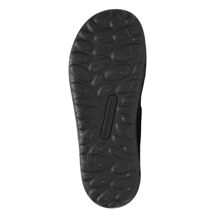 Black treaded outsole with circle pattern and Merrell logo stamped in middle.
