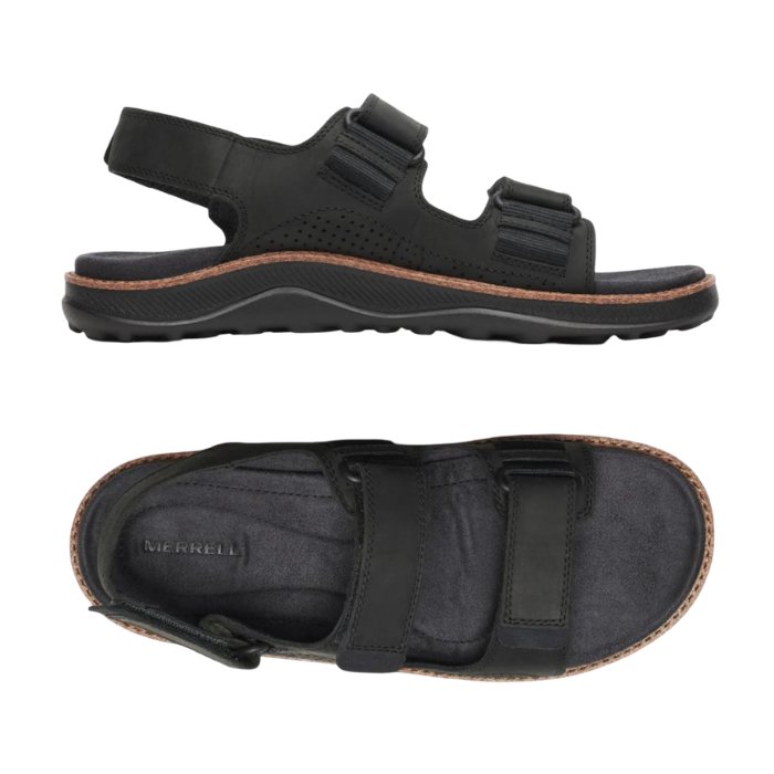 Pair of Black backstrap walking sandal with three Velcro straps, black Merrell logo'd footbed, thin brown accent line through midsole, and black treaded outsole.