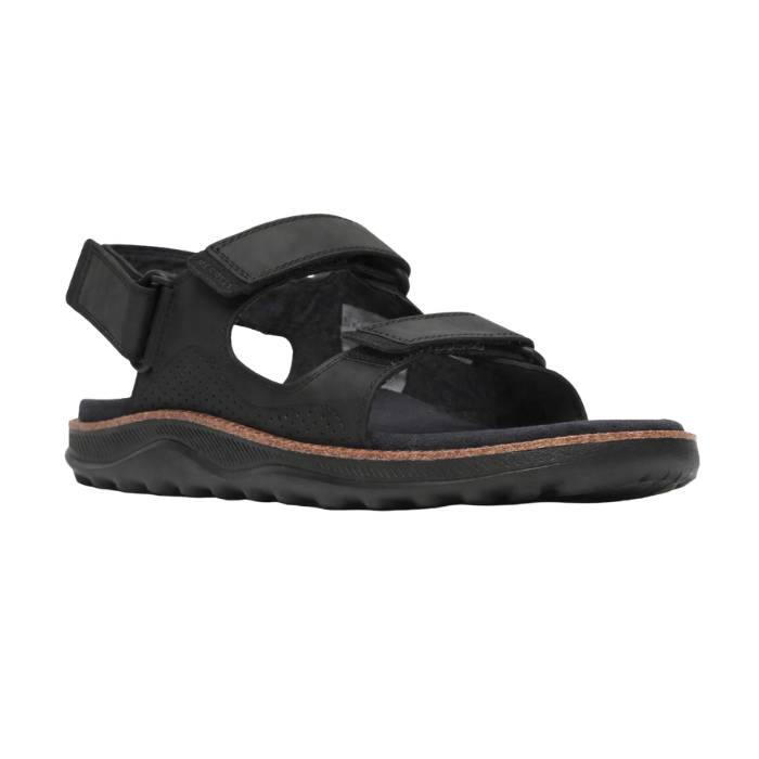 Black backstrap walking sandal with three Velcro straps, black footbed, thin brown accent line through midsole, and black treaded outsole.
