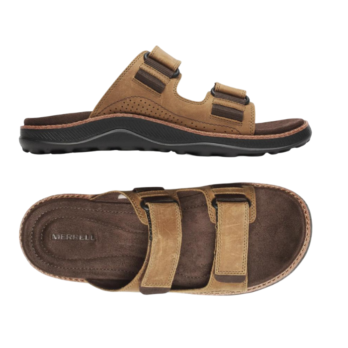 Pair of Brown slide sandals with two Velcro straps, dark brown Merrell logo'd footbed, and black outsole.