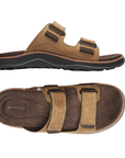 Pair of Brown slide sandals with two Velcro straps, dark brown Merrell logo'd footbed, and black outsole.