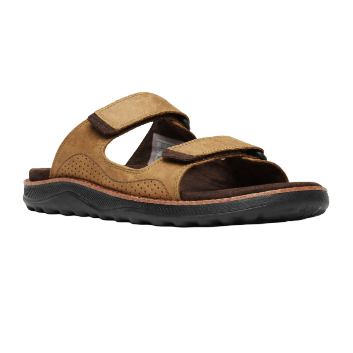 Brown slide sandal with two Velcro straps, dark brown footbed, and black outsole.